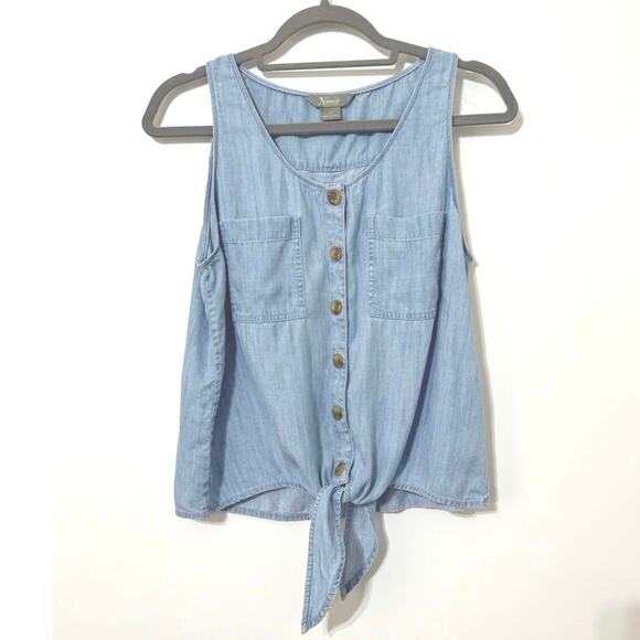 Natural Reflections Tie-Front Stripe Sleeveless Top Blue Denim-Look Size Medium - Picture 2 of 12